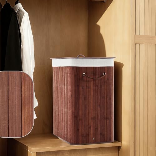 Bamboo Laundry Hamper Large 106L with Removable 4-Section Liner, Foldable Storage Basket with Lid and Handles for Bedroom, Laundry Room, Small Spaces – Brown- Rectangle - color: Brown - Rectangle