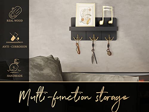 Rebee Vision Decorative Key and Mail Holder for Wall: Farmhouse Mail Organizer with Floating Shelf and 3 Anchor Key Hooks - Rustic Key Hanger for Farmhouse Entryway Decor (Modern Black) - color: Black