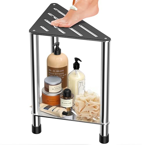 Upgrade Stainless Steel Shower Stool for Inside Shower, 15.4'' H Shower Foot Rest, Corner Shower Stool with Storage Shelf, Shower Step for Shaving Legs, Bathroom Corner Shower Bench, Silver - color: Upgrade Silver
