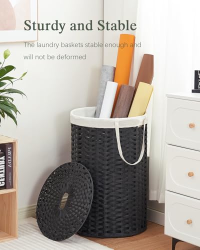 SETVSON Large Laundry Hamper Laundry Basket Round 34.3 Gal (130 L) Handwoven Wicker Laundry Baskets Rattan Laundry Basket with Laundry Bag Handles 2 Mesh Bags for Living Room Bedroom Black - color: Black, size: 130L