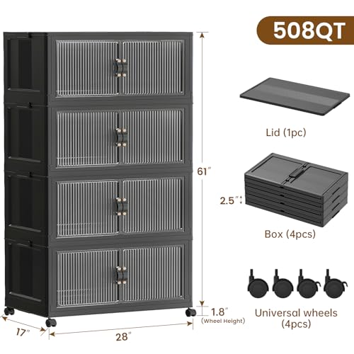 SAILUN 127Gal/508Qt Extra Large Stackable Storage Bins Folding Collapsible Storage Bins with a Lid, Closet Organizers and Storage Black 28" W x 1 - color: Black, size: 1 Lid 4 Pack-28" W x 17" D x 61" H