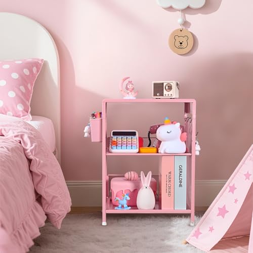 Pink Small Nightstand, Kids Nightstand for Bedroom, End Table with Hooks and Holder, Toddler Bedside Table for Girls, Desk Organizer for Office, Dorm (Pink) - color: Pink