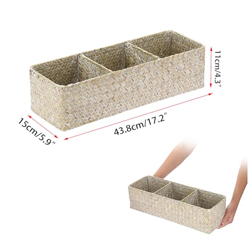 Seagrass Shelf Basket with Dividers, Rectangular Woven Storage Baskets for Organizing, Decorative Wicker Narrow Basket Tray with 3 Sections for Shelves, Toilet Tank, Bathroom Counter - color: Whitewash