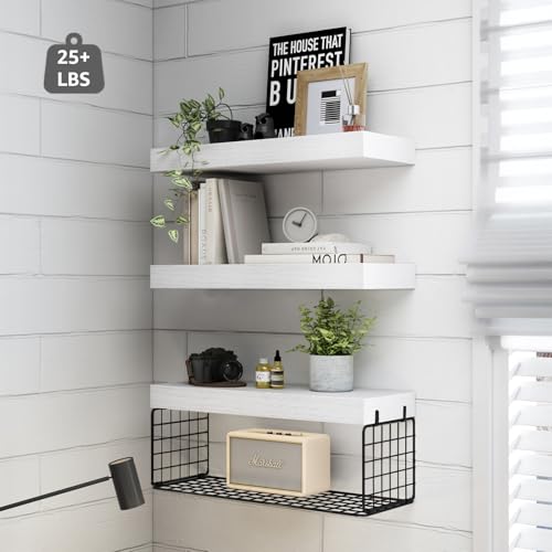 QEEIG Bathroom Shelves Over Toilet - Wall Mounted Floating Shelves Toilet Paper Storage Small Farmhouse Decor Shelf 16 inch Set of 3, White and Black (019-WB3) - color: F. White & Black, size: 3pcs