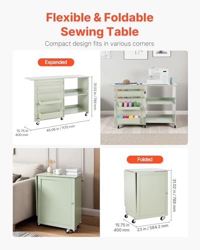VEVOR Folding Sewing Table, Multipurpose Sewing Machine Table with Compact Design, Wheels, Wooden Pegs, Storage Trays and Shelf, Magnetic Door Lock, Craft Station and Side Desk for Home, Light Green - size: Green w/o Cabinet