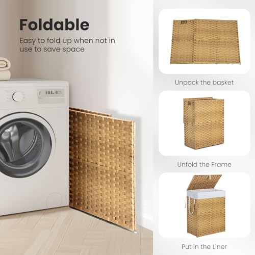 DUMOS Woven Laundry Basket with Lid, 90L Large Capacity Hamper, Removable & Machine-Washable Liner, Foldable Rattan Clothes Hamper, Sturdy Steel Frame, Odor Control, Goose Yellow - color: Goose Yellow, size: 90L