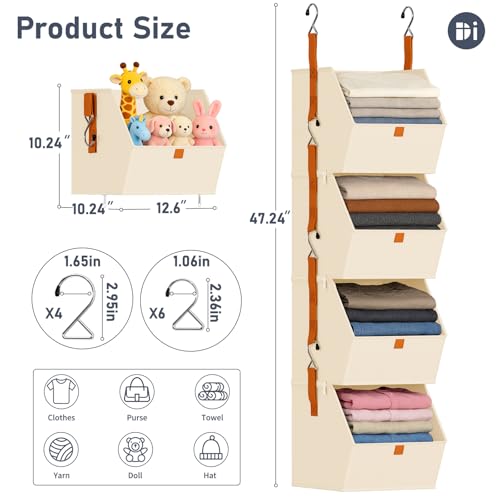 DIMJ Hanging Closet Organizer - 4 Tier Collapsible Hanging Shelves with Hooks Zipper, Fabric Clothes Organizer, Space-Saving Storage Bin Basket for RV, Bedroom, Laundry Organization - color: Beige, size: 4 Pack