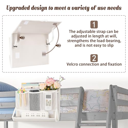Bedside Caddy Bedside Storage Organizer Bedside Organizer with Power Strip Holder and 2 Adjustable Straps for Home Bunk Bed College Dorm Sofa (White) - color: White
