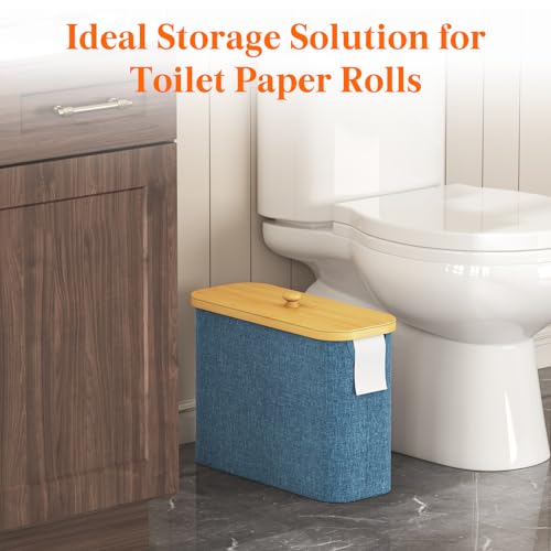 Lifewit Toilet Paper Storage Holder for 9 to 12 Rolls, Free Standing Toilet Paper Basket Stand with Bamboo Lid, Collapsible Fabric Bathroom Organizer Box for Mega Rolls, 23L, Large, Dark Blue - color: Dark Blue, size: 23L