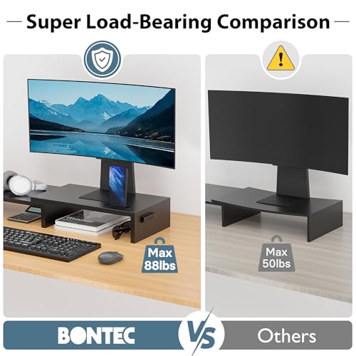 BONTEC Dual Monitor Stand Riser with Smartphone Holder, Adjustable Length & Swivel Angle, Ergonomic Wooden Desktop Organizer for PC Monitor, Laptop, Printer, Large Storage, Black - color: Black