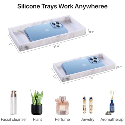 Bathroom Vanity Tray - 2PC (11.8 '' and 8'') Silicone Kitchen Sink Tray for Perfume Soap Towel Bathroom Accessory for Soap Dispenser Vanity Trays, White Marble - color: Marble, size: M+Mini