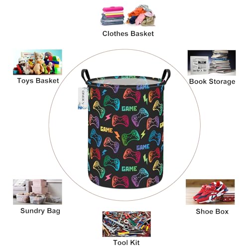 Round Game Controller Laundry Basket,Collapsible Laundry Hamper for Kids Boys,Waterproof Video Game Toy Storage Bin for Bedroom,Playroom, Boys Room,Gamer Gift (GAME) - color: Round GAME