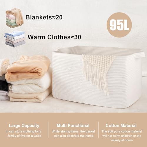 95L Cotton Rope Large Blanket Basket (24" x 16.9" x 14.2") for Living Room, Kids Room & Laundry, Storage Basket with Handle for Organizing Blankets, Pillows, Clothes & Toys, White - color: White, size: 24"x16.9"x14.2"