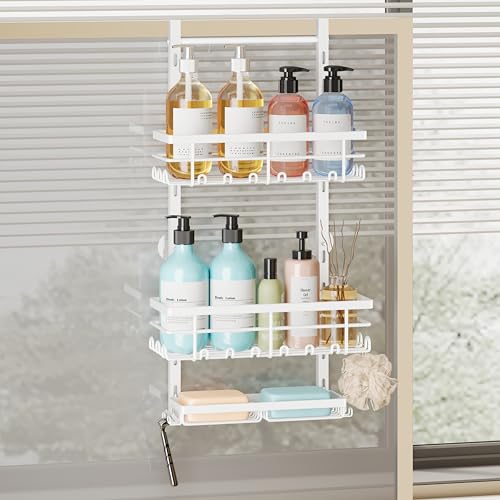 SWTYMIKI Over The Door Shower Caddy - 3 Tier Rustproof Hanging Shower Organizer with Adjustable Shelves, 28 Hooks & Soap Holder, Hanging Shower Rack Storage for Bathroom Accessories, White - color: White-3 Tier