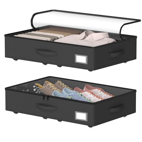 EE-RoomWorld Underbed Storage With Wheels, No Assembly Required - 5.5 Inch Height Black Underbed Bins, Low Profile Rolling Shoe Storage Containers for Dorm - color: Black, size: 5.5 inch height