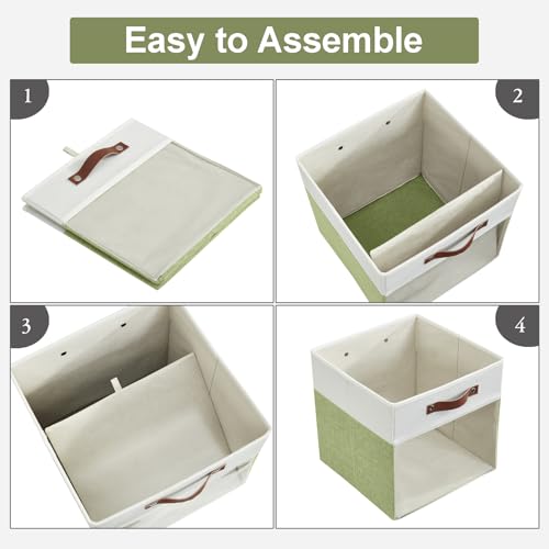 Bagnizer Storage Cubes, 4 Pack Linen Foldable Storage Bins (13 x 13 inch) with Clear Window and Handles, Fabric Organizer for Shelf Closet, Clothes, Books - (Green and White) - color: Green / Off-White, size: 13 x 13 x 13