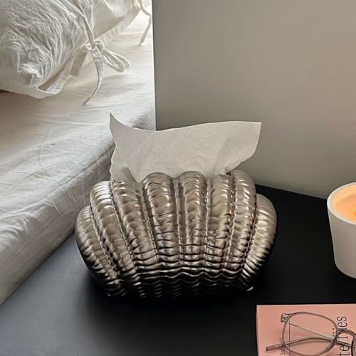 Ceramic Tissue Box Cover Modern Decorative Organizer for Facial Tissues Holder, Farmhouse Style Home Decor for Bathroom, Bedroom, Living Room & Office (Big Shell Silver) - color: Big Shell Silver