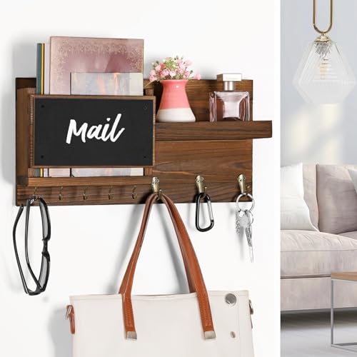 Decorative Key Hanging Rack with 8 Hooks – Easy Install Natural Wooden Key and Mail Holder for Wall Mount – Sunglasses Wallet Holder Entryway Decor with Shelf and Chalkboard (Brown) - color: Brown