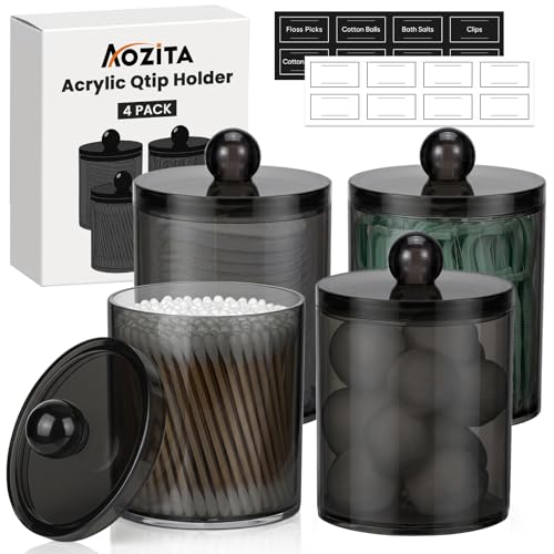 4 Pack Acrylic Qtip Holder Dispenser for Cotton Swabs, Balls, Pads, Floss Picks- Clear Acrylic Canister Apothecary Jar Set, Bathroom Essentials Accessories Decor Vanity Makeup Storage Organizer -Black - color: Black, size: 4 Pack