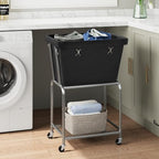 ELYKEN Rolling Laundry Hamper with Wheels, Laundry Cart with Removable Bag, Heavy Duty Metal Frame, 2-Tier Clothes Basket Hamper with Shelf for Closet, Bedroom, Bathroom, Laundry Room, Black - color: Black, size: 20.3"l X 15.9"w X 30.9"h