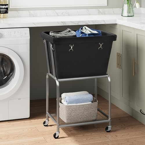 ELYKEN Rolling Laundry Hamper with Wheels, Laundry Cart with Removable Bag, Heavy Duty Metal Frame, 2-Tier Clothes Basket Hamper with Shelf for Closet, Bedroom, Bathroom, Laundry Room, Black - color: Black, size: 20.3"l X 15.9"w X 30.9"h