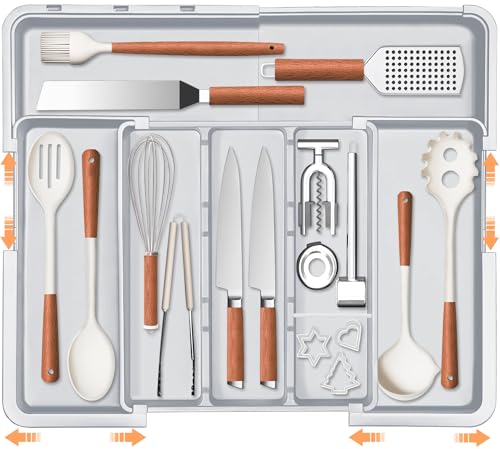 Spaclear Large Utensil Drawer Organizer Expandable Silverware Organizer for Kitchen Drawer Adjustable Cooking Utensil Holder Cutlery Flatware Tray Spatula Tools Gadgets Storage Dividers Plastic Grey - color: Grey