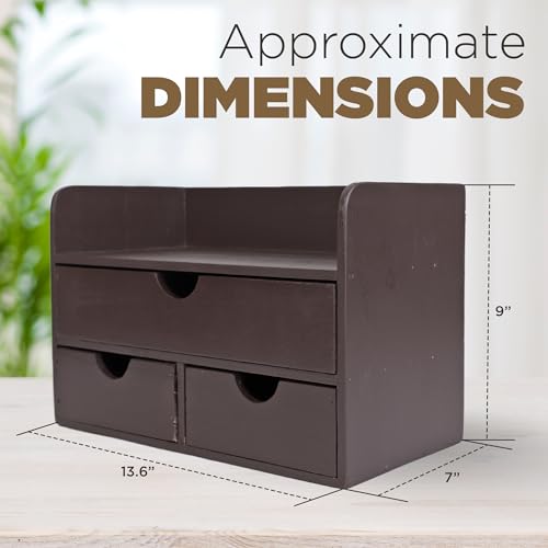 Besti Wooden Office Desk Organizer - Organizing Tool for Desktop, Cubicle, Bedroom, Kitchen - Vintage Style Organization Caddy with Top Tray Shelf & 3 Drawers - 13.6x9x7 Inches (Dark Brown) - color: Dark Brown