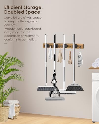 AceMining Broom Holder Wall Mounted, 2 Pack 4 Holders and 4 Hooks Mop Holder, Wooden Mop and Broom Holder with Anti slip rubber, Natural pine wood Brush Holder, Mop Wall Holde with Nail installation - color: Brown, size: 2 Pack