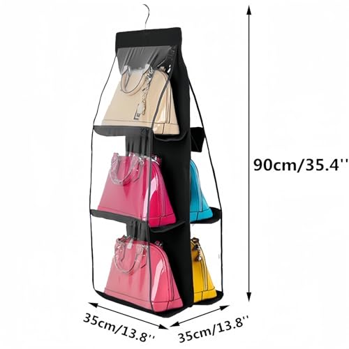 HAN SHENG 6 Pockets Clear Handbag & Purse Organizer Hanging Bag Storage - Space Saving Hanging Shelf for Closet, Wardrobe, Over Door (2 Pack, Black) - color: Black, size: 6 Pockets-2pcs