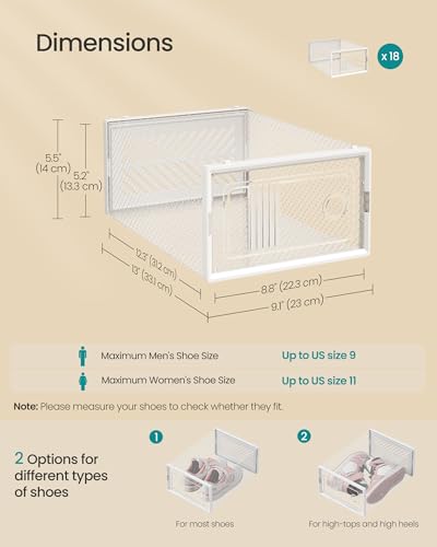 SONGMICS Stackable Shoe Boxes, Foldable Shoe Storage Organizers, Ventilated, for Max. Men's Shoes US Size 9 or Women's Shoes US Size 11, Sneakers, Set of 18, Transparent and White ULSP106W18V2 - color: Transparent + White, size: 18 Count