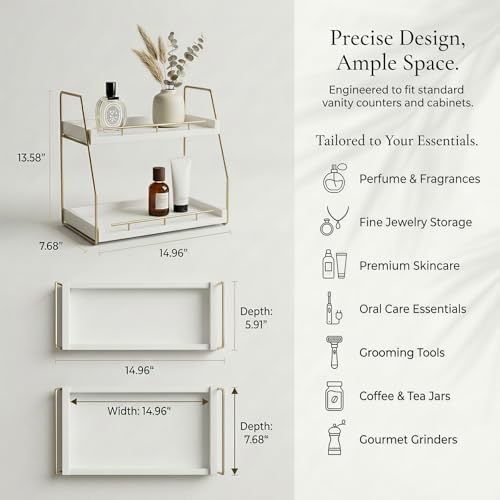Mustry Bathroom Countertop Organizer, 2-Tier Makeup Organizer for Vanity, Wooden Shelf with Gold Metal Frame for Skincare, Perfume & Decor (White&Gold)