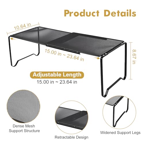 Extendable Dense Mesh Metal Shelf - 15-24.4in Adjustable Stackable Organizer for Kitchen, Bathroom, Shoe Cabinet & Tool Closet, Dust-Proof Small Item Friendly Storage Rack (2 Piece, Black) - color: Black, size: 2 Piece