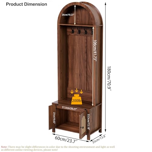 Hall Tree with Bench and Shoe Storage, Entryway Storage Bench with Coat Rack, 70.9"Arch Coat Rack with 4 Hooks and 2 Fluted Doors, Farmhouse Style Furniture Organizer for Hallway (Walnut, 23.7"W) - size: 23.7"W