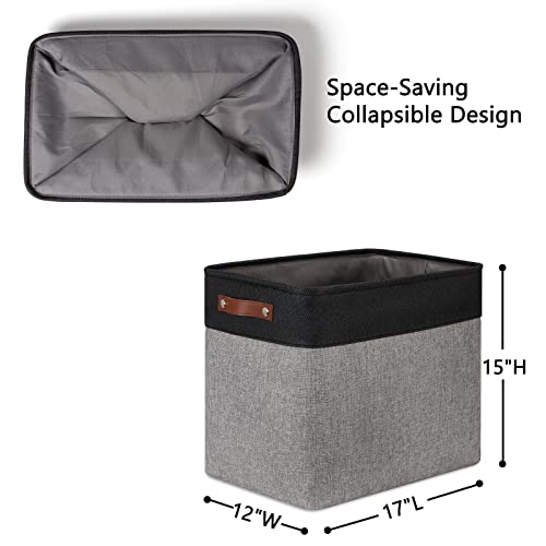 DULLEMELO Large Collapsible Storage Basket/Bin with Sturdy Leather Handles, Fabric Organizer Bin for Storage Clothes, Toys, Books, Office, Bedroom, Closet, Nursery & Laundry (Black&Gray) - color: Black&Gray, size: Large-17"x12"x15"