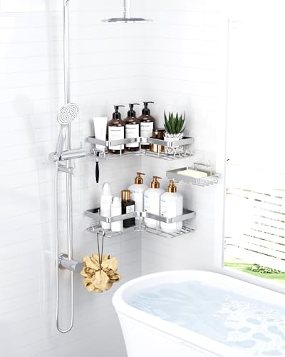 Sakugi Corner Shower Caddy - 3-Pack Shower Organizer with Soap Holder & Built-In Hooks, Rustproof Metal Shower Shelves, Laundry, Kitchen, Bathroom Organizers and Storage Solution, Large, Silver - color: Silver, size: Large - 3 Packs