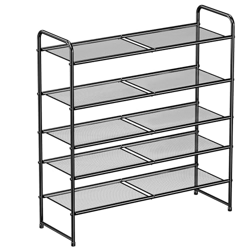 Shoe Rack, 5 Tier Stackable 27" Wide Metal Closet Shoe Storage Organizer with Mesh Shelves, Adjustable, Black - color: Black, size: 5 Tier