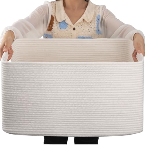 OIAHOMY 75L Large Blanket Basket, Woven Cotton Rope Baskets for Organizing, 22”x17”x12”, Blanket Basket living Room, Bedroom, Nursery, Dog Toy Storage Bins, White - color: White, size: 22”x17”x12”