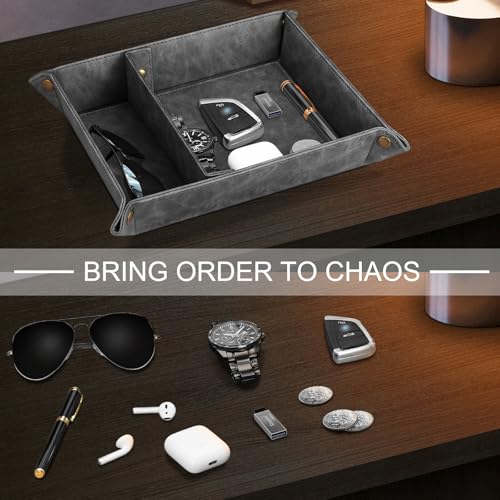 SITHON Valet Tray Desktop Storage Organizer, Removable 2 Compartments Catchall Tray Bedside Vanity Nightstand Caddy Holder Desk Storage Plate (Gray) - color: Gray