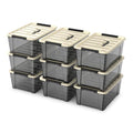 9-pack clear small plastic storage bins with khaki safety lids and black latch locks, durable stackable nestable organization containers, 6 quarts - color: Khaki