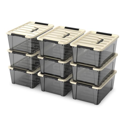 9-pack clear small plastic storage bins with khaki safety lids and black latch locks, durable stackable nestable organization containers, 6 quarts - color: Khaki