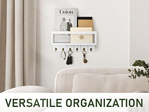 Rebee Vision Farmhouse Key Holder for Wall with Mail Organizer : Decorative Mesh Basket with 6 Sturdy Key Hooks – Wall Mount Home Decor for Office，Entryway, Hallway, Apartment (Rustic White) - color: White