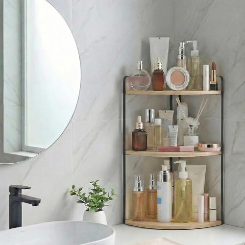 3 Tier Corner Bathroom Counter Organizer, Countertop Organizer, Makeup Organizer Countertop, Bathroom Storage Sink Shelf, Wooden and Metal Counter Shelf (Large Capacity-Rustic Walnut) - color: Rustic Brown