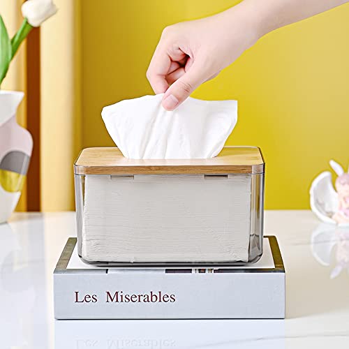 Clear Tissue Holder, Acrylic Dryer Sheet Dispenser Box with Bamboo Lid, Transparent Container, Minimalist Design. Tissue Organizer for Laundry, Living Room, Bathroom, Bedroom, Medium Size