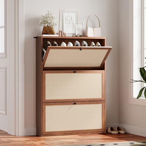 31.5" Mid-Century Slim Narrow Shoe Storage Cabinet for Entryway, Hidden 3 Tier Wood Shoe Storage Organizer with Non-Divider Flip Drawer for Hallway, Living Room,Apartment (Walnut) - color: Linen-walnut, size: 3-Drawer-No Divider