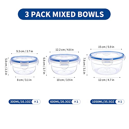 KIGI Round Food Storage Containers with Airtight Lids, Leak Proof Plastic Bowls for Lunch, Meal Prep, Fruit and Salad, 4-Sided Locking Lid, BPA-Free, 6 Piece Set, 1.25 Cup / 2.5 Cup / 4.3 Cup - size: Rounds (6-Piece)