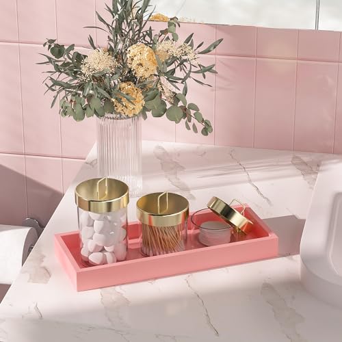 ZHWS Bathroom Vanity Tray for Perfume Decor Toilet Tank Candle Toiletries, Kitchen Tray for Soap Dispenser Spice Salt Coffee, Bamboo Nightstand Tray 11.3”x4.4” (Pink) - color: Pink, size: 11.3" x 4.4" x 1.1"
