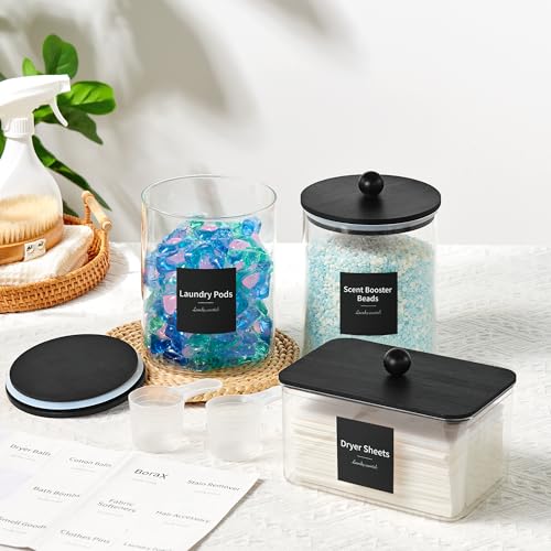 Glass Laundry Pods Container & Acrylic Dryer Sheet Holder with Balck Bamboo Knobs Lids, Scoops & Labels | Premium Laundry Room Organization and Storage for Detergent Pods, Powder, Dryer Balls & Beads - color: Black Cap with handle