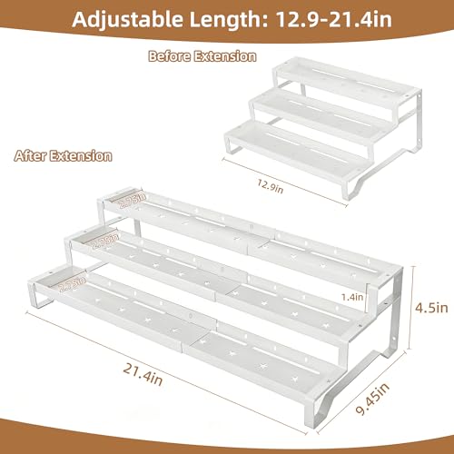 SANKEU Expandable Spice Rack Organizer for Cabinet 3 Tiered Metal Seasoning Organization with Guardrails Spice Shelf Storage for Jars Adjustable Length 13"-21" White 1Pack - color: White, size: 1 Pack