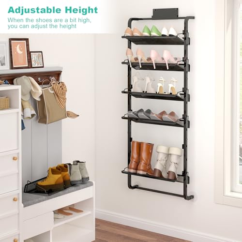BUKFEN 6 Tier Adjustable Heavy Duty Metal Shoe Rack, Door Hanging and Wall Mount Organizer for Closet, Bedroom, Entryway, Laundry, Apartment, Small Spaces, Space Saving Solution for Busy Homes
