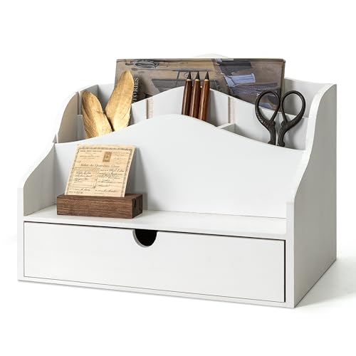 Rebee Vision Pine Wood Mail Organizer for Desk - Charming Farmhouse Countertop Mail Sorter for Office & Home Decor - Wooden Desk Organizer with Drawer for Letters, Files & Magazines(White) - color: A-White